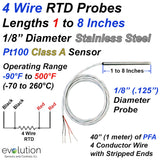 4 Wire Pt100 RTD 1/8" Diameter with a 1 to 8 inch Long Probe and 40 Inches of Lead Wire