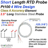 Short RTD Probe 4 Wire Class A Design with a 2.5 Inch and Long 1/8" Diameter Sheath with Lead Wires