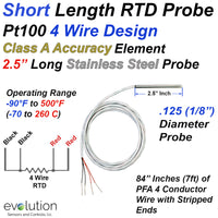 Short RTD Probe 4 Wire Class A Design with a 2.5 Inch and Long 1/8
