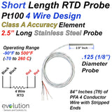 Short RTD Probe 4 Wire Class A Design with a 2.5 Inch and Long 1/8" Diameter Sheath with Lead Wires