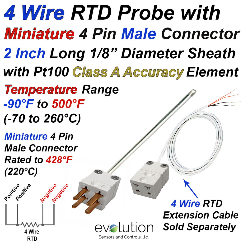 4 Wire Pt100 RTD Probe with a 4 Pin Miniature Dual Male Connector ...