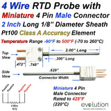 4 Wire Pt100 RTD Probe with a 4 Pin Miniature Dual Male Connector Dimensions