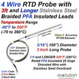 4 Wire Pt100 RTD 3 Inch Long 3/16 Dia. with Stainless Steel Braid Leads 
