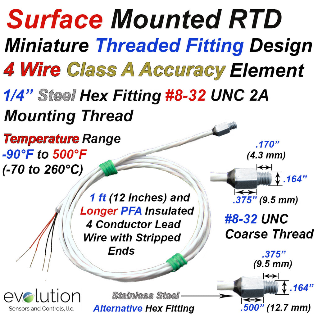 Miniature RTD Sensor 4 Wire Design with Threaded Fitting and Lead Wire