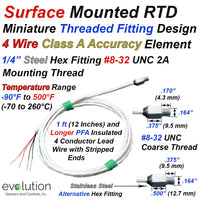 Miniature RTD Sensor 4 Wire Design with Threaded Fitting and Lead Wire