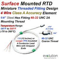 Miniature RTD Sensor 4 Wire Design with Threaded Fitting and Lead Wire