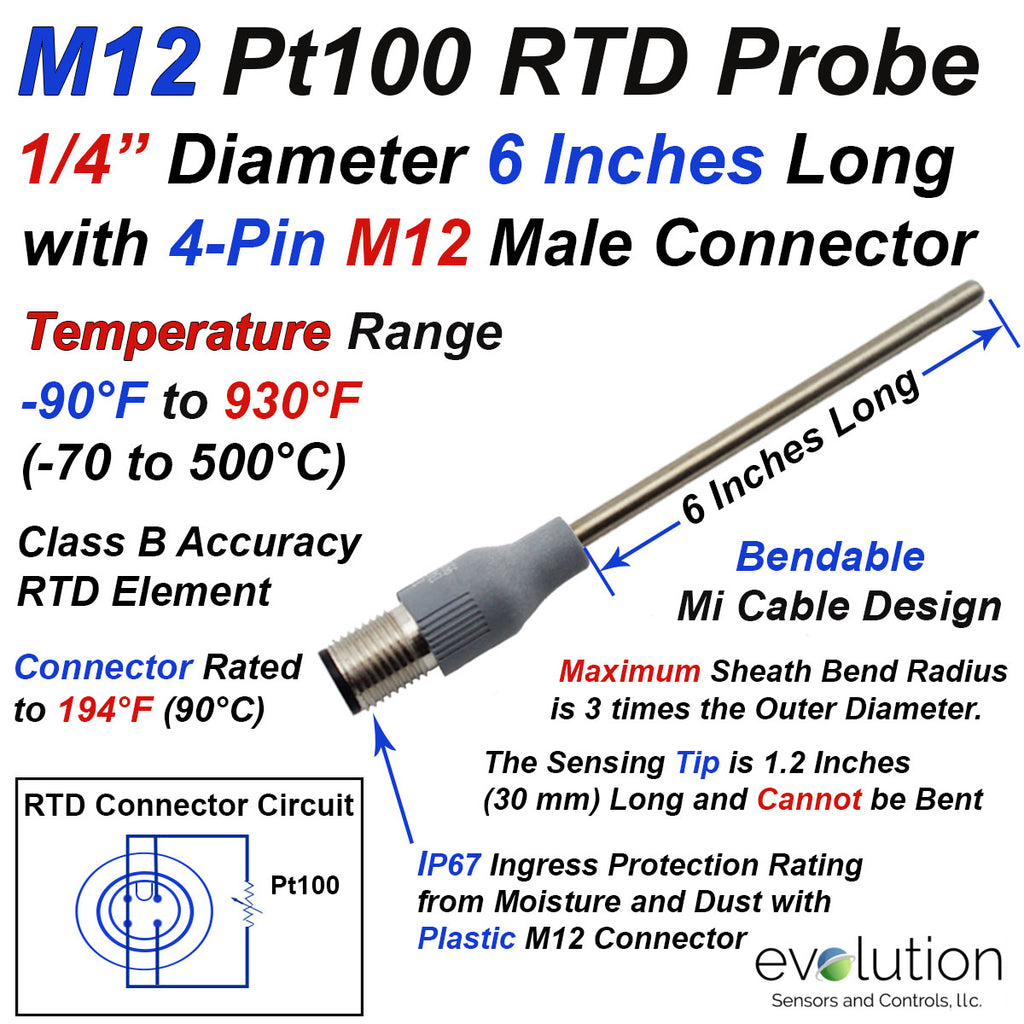 Pt100 RTD Probe with M12 Connector 6 Inch Long 1/4" Diameter Sheath  