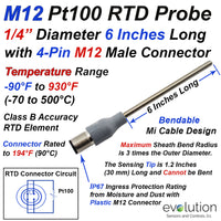 Pt100 RTD Probe with M12 Connector 6 Inch Long 1/4