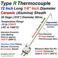 Type R Thermocouple - Ceramic Sheath 12 Inches Long 1/8