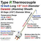 Type R Thermocouple 12 Inch Long 1/8" Diameter Ceramic Sheath