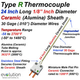 Type R Thermocouple - Ceramic Sheath 6 Inches and LONGER 1/8" Diameter with 30 Gage (.010") Internal Wire and Miniature Male Ceramic Connector