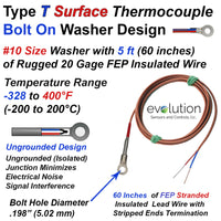 Type T Washer Thermocouple #10 Sized Bolt On Design with 5 ft of FEP Lead Wire with Stripped Ends