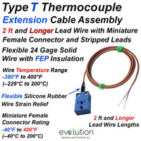 Type T Thermocouple Extension Cables with Miniature Female Connector and Stripped End Terminations