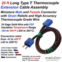 Type T Thermocouple Extension Cable 20 ft Long with Miniature Male and Female Connectors