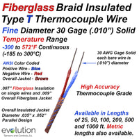 Type T Thermocouple Wire Fine Diameter 30 Gage with Fiberglass Braid