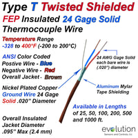 Type T Twisted Shielded 24 Gage Solid FEP Insulated Thermocouple Wire
