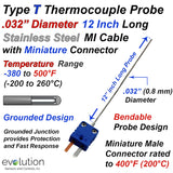 Type T Thermocouple Probe .032" Diameter 12 Inches Long with Connector