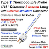 Type T Thermocouple Probe 1/16" Diameter 3 Inches Long with Miniature Ceramic Connector