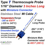 Type T Thermocouple MI Cable Probe Stainless Steel Sheath Grounded 1/16" Diameter 3 Inches Long with Miniature Connector