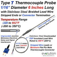 Type T Thermocouple Probe  1/16 Diameter 6 Inches Long with Stainless Steel Overbraided Lead Wire 