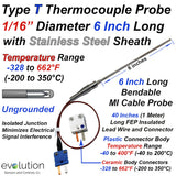 Type T Thermocouple Probe 1/16" Diameter Ungrounded 6 Inches Long with Transition to 40 Inches of FEP Lead Wire with Connector 