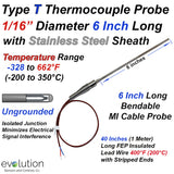 Type T Thermocouple Probe 1/16" Diameter with Transition to Lead Wire