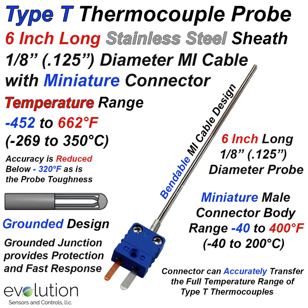 Type T Thermocouple Probe  6 Inch Long 1/8" Diameter Grounded with Miniature Connector