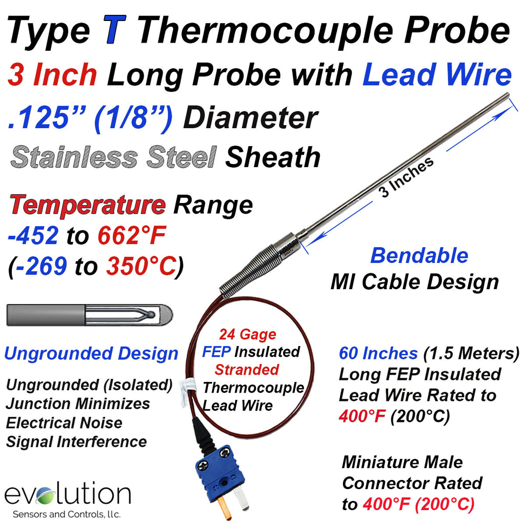 Type T Thermocouple 1/8" Diameter Probe 3 Inches Long with Transition to 60 Inches (5 ft) Wire Leads and Miniature Male Connector
