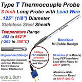 Type T Thermocouple 1/8" Diameter Probe 3 Inches Long with Transition to 60 Inches (5 ft) Wire Leads and Miniature Male Connector