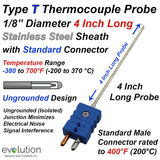 Type T Thermocouple Probe 4" Long 1/8" Diameter and Standard Connector
