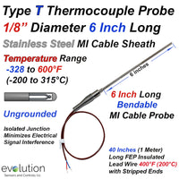 Type T Thermocouple Probe 6 inches long with 40 Inch Long Lead Wires