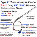 Type T MI Cable Probe Stainless Steel Sheath 1/4" Diameter Ungrounded 6 Inches Long with Teflon Lead Wire with Stripped Ends or Miniature Connector Termination
