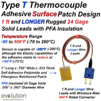 Type T Surface Thermocouple with Adhesive Patch and 24 Gage Wire Leads with Mini Connector
