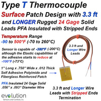 Type T Surface Thermocouple with Surface Mount Adhesive Patch Rugged 24 Gage Diameter Wire Leads 3ft and LONGER with Stripped End Termination