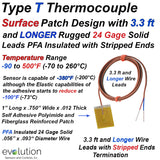 Type T Surface Thermocouple with Surface Mount Adhesive Patch Rugged 24 Gage Diameter Wire Leads 3ft and LONGER with Stripped End Termination