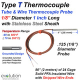 Type T Thermocouple Probe Tube and Wire Design 1" Long Probe with 80" of PFA Lead Wire with Miniature Connector or Stripped End Termination