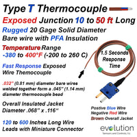Type T PFA Insulated Thermocouple with 10 to 50 ft Lead Wire and Connector