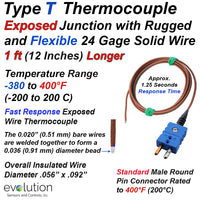 Thermocouple Beaded Thermocouple Type T Wire Sensor - 24 Gage PFA Insulated 12 inches Longer with Standard Connector