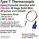 Type T Thermocouple with Epoxy Coated Junction 3ft and LONGER 