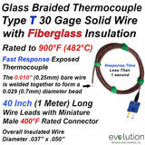 Glass Braided Thermocouple - Type T 30 Gage Fiberglass Insulated 40 inches long with Miniature Connector