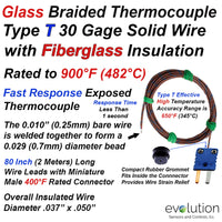 Thermocouple Type T Glass Braid Insulated with 2 Meters of 30 Gage Wire Leads with Miniature Connector