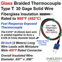 Glass Braid Insulated Type T Thermocouple with 80 Inches of Fiberglass Insulated 30 Gage Diameter Lead Wire with a Miniature Male Connector Termination