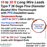 10 to 30 ft Long Wire Leads Type T 36 Gage Fine Diameter Thermocouple