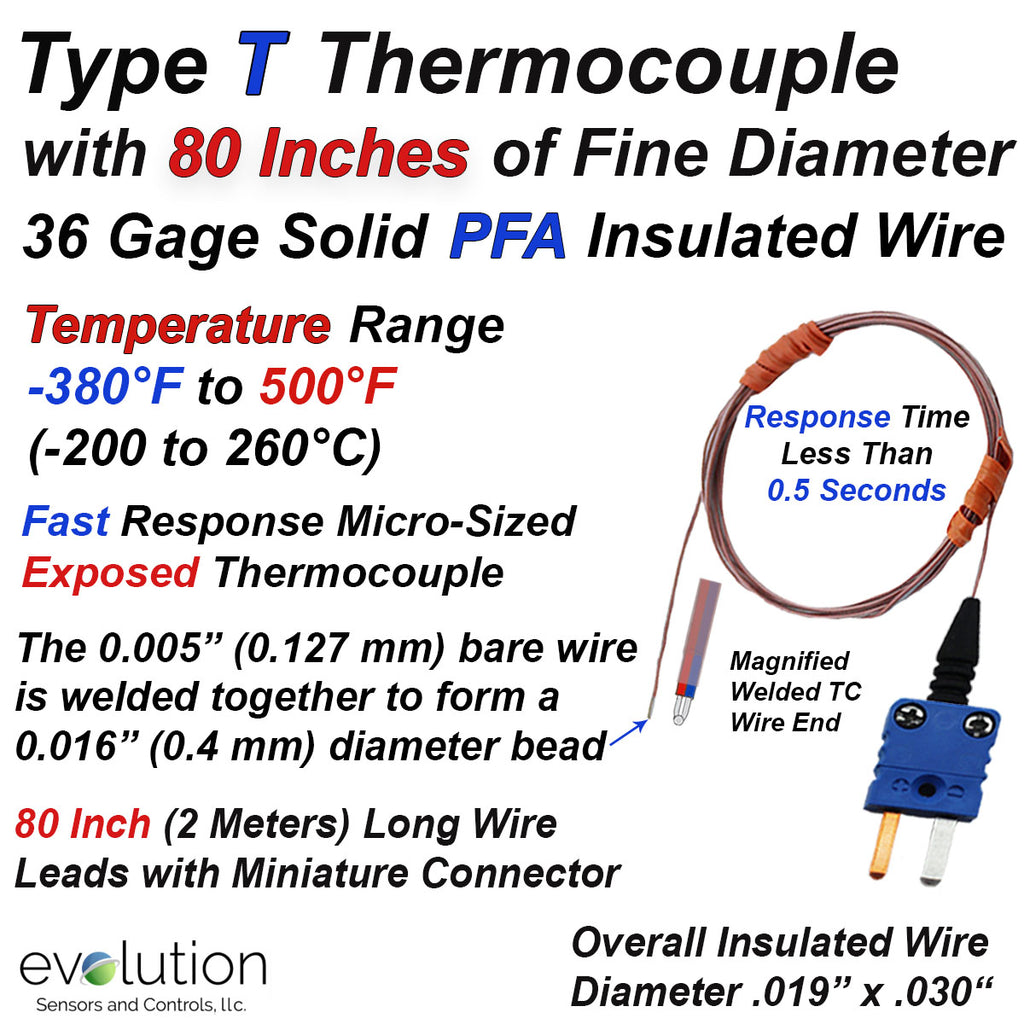 Type T Fine Diameter Wire Thermocouple with 80 inch (2 Meter) long PFA Insulated Leads and Miniature Connector