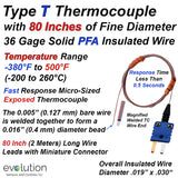 Type T Fine Diameter Wire Thermocouple with 80 inch (2 Meter) long PFA Insulated Leads and Miniature Connector