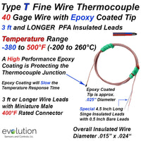 Type T Micro Wire Thermocouple 40 Gage Wire with Epoxy Coated Tip