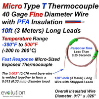 Micro Type T Thermocouple 40 Gage Fine Diameter with 10ft Long Leads