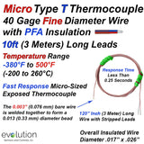Micro Type T Thermocouple 40 Gage Fine Diameter with 10ft Long Leads