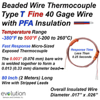 Thermocouple Beaded Wire Sensor - Type T 40 Gage PFA Insulated 80 inches long with Stripped Leads