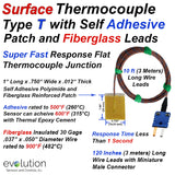 Type T Surface Thermocouple - Fast Response Design with Self Adhesive Surface Patch - 10 ft of Lead Wire with Miniature Connector